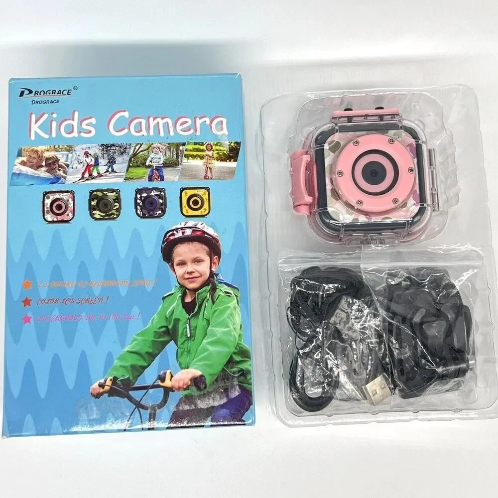 Kids Action Camera Pink w/Waterproof Hard Case & Mounting Accessories Underwater